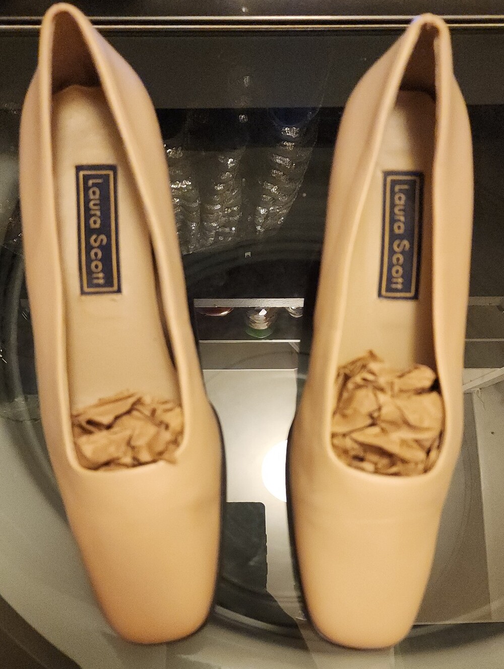 Laura Scott Nude Beige Square Toe Block Heel Pumps